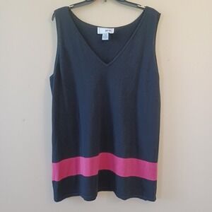 Joan Vass 1X Top Knit Vneck Sleeveless Black Pink Office Casual Travel Classic‎